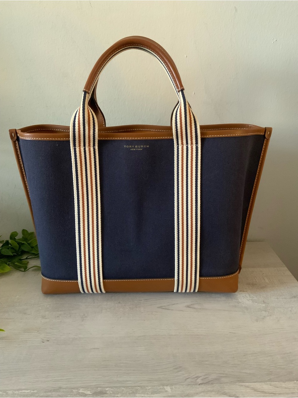 TORY BURCH PERRY MULTI STRIPE LOGO CANVAS & LEATHER TOTE BAG